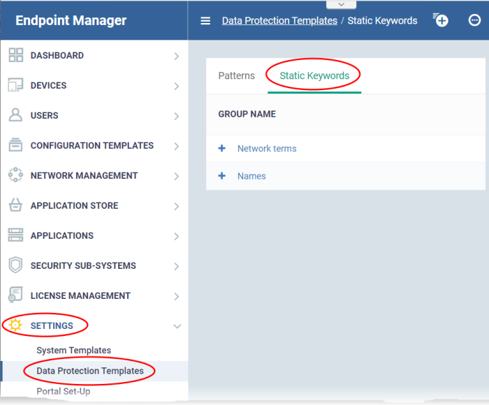 View And Manage Keyword Groups, Device Manage, Data Loss Prevention